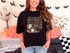 Ghost Reading Book T-Shirt - Librarian Ghost Tee - Halloween Librarian Shirt - Book Lover Shirt - Black Cat Book Tee - Ghost Bookish Shirt