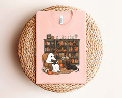 Ghost Reading Book T-Shirt - Librarian Ghost Tee - Halloween Librarian Shirt - Book Lover Shirt - Black Cat Book Tee - Ghost Bookish Shirt