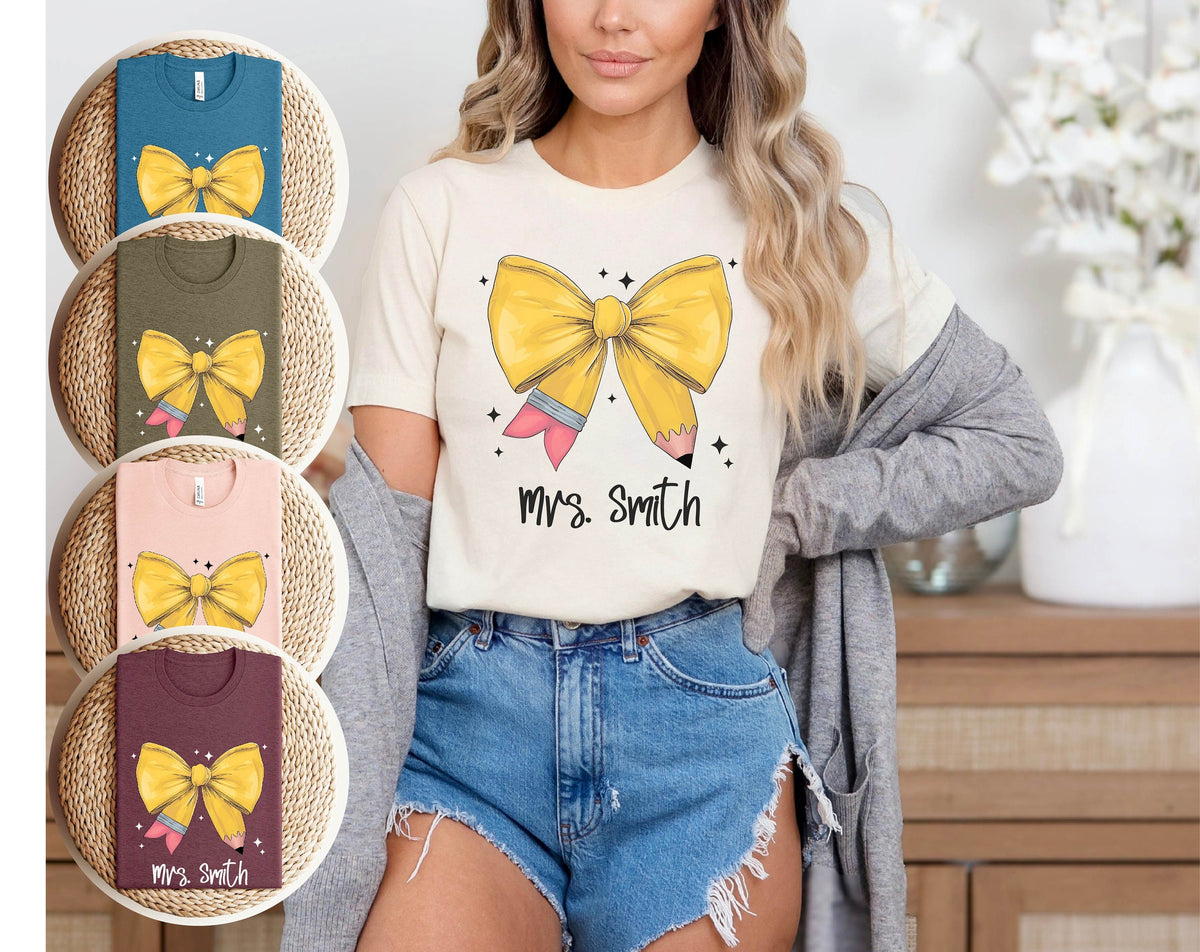 Personalized Teacher Bow Shirt - Custom Teacher T-Shirt - Coquette Teacher Shirts - Back to School Teacher Gift - First Day of School Tee