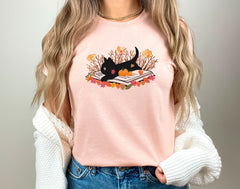 Fall Cat Book T-Shirt - Fall Cat T-Shirt - Book Lover Tee - Cat Lover Shirt - Autumn Cat Gift - Fall Cat Reading Shirt - Halloween Cat Shirt