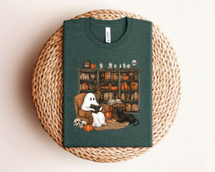 Ghost Reading Book T-Shirt - Librarian Ghost Tee - Halloween Librarian Shirt - Book Lover Shirt - Black Cat Book Tee - Ghost Bookish Shirt
