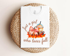 Just A Girl Who Loves Fall T-Shirt - Fall Lover Gift - Football Mom Shirt - Fall Coffee Lover Tee - Coquette Pumpkin Spice Shirt