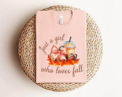 Just A Girl Who Loves Fall T-Shirt - Fall Lover Gift - Football Mom Shirt - Fall Coffee Lover Tee - Coquette Pumpkin Spice Shirt