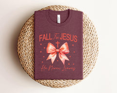 Fall For Jesus He Never Leaves T-Shirt - Christian Fall Gift - Thanksgiving Fall Shirt - Jesus Lover Tee - Religious Fall Gift - Autumn Tee