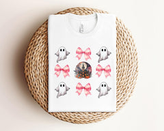 Coquette Halloween T-Shirt - Ghost Pink Bow Tee - Retro Ghost Shirt - Haunted House Tee - Girly Halloween Gift - Spooky Vibes  T-Shirt