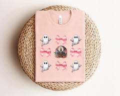 Coquette Halloween T-Shirt - Ghost Pink Bow Tee - Retro Ghost Shirt - Haunted House Tee - Girly Halloween Gift - Spooky Vibes  T-Shirt
