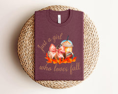 Just A Girl Who Loves Fall T-Shirt - Fall Lover Gift - Football Mom Shirt - Fall Coffee Lover Tee - Coquette Pumpkin Spice Shirt