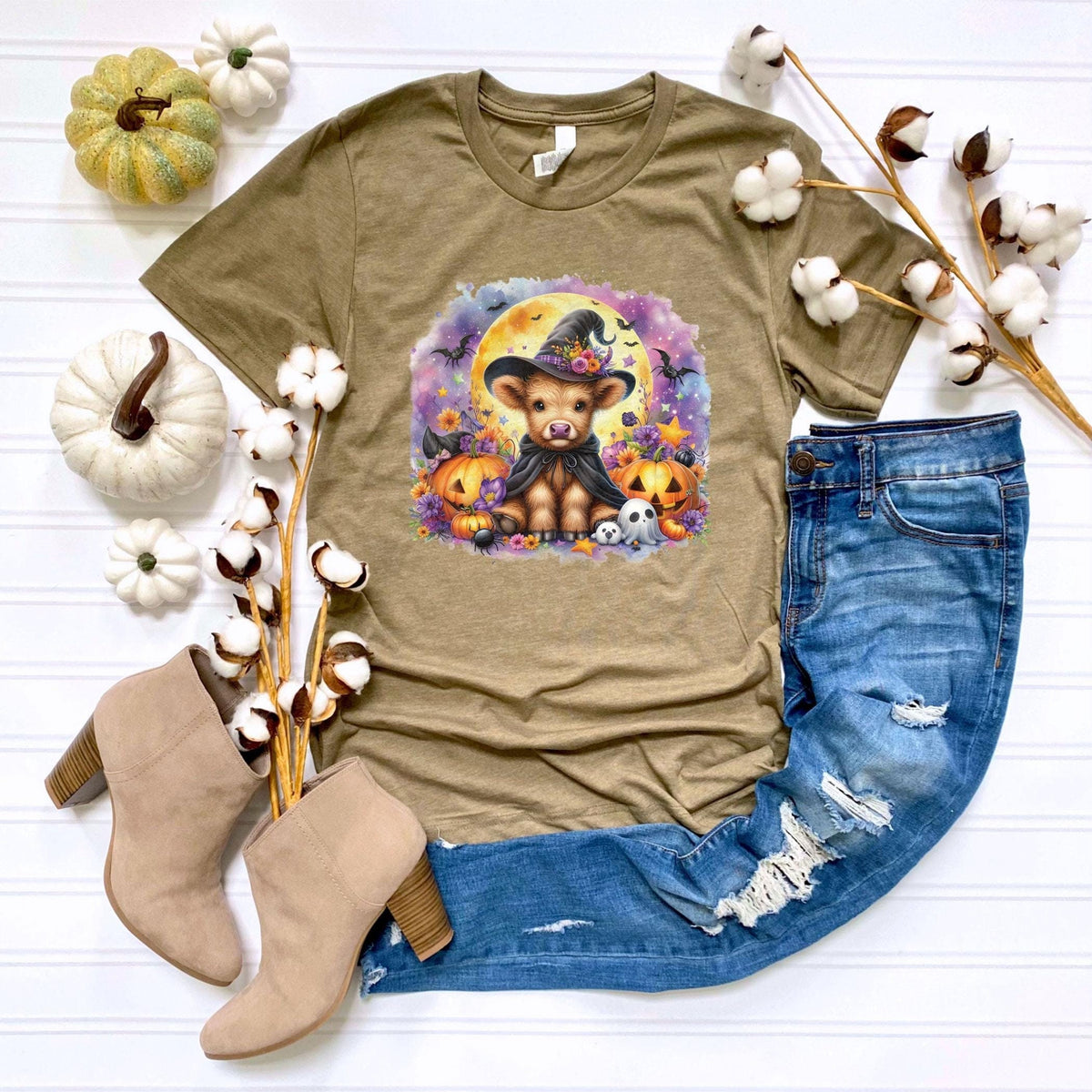 Baby Highland Cow Witch T-Shirt - Halloween Cow Tee - Western Halloween Gift - Spooky Season Shirt - Cow Lover Gift - Funny Halloween Shirt