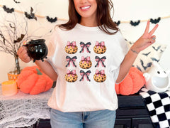 Fall Pumpkin Bow T-Shirt - Coquette Fall Tee - Halloween Gift - Polka Dot Pumpkin Shirt - Halloween Shirts - Girly Halloween Fall Shirts
