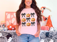 Pumpkin and Bow T-Shirt - Fall Pumpkin Tee - Halloween Gift - Spooky Pumpkin Shirt - Black Bow Fall Shirt - Jack-O-Lantern Shirt