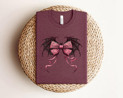 Gothic Bow T-Shirt - Coquette Gift - Spooky Season Tee - Bat Lovers Gift - Witchy Halloween Shirt - Witchy Halloween Tee - Halloween Party