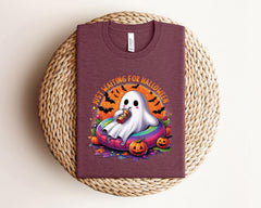 Just Waiting For Halloween T-Shirt - Halloween Lover Gift - Spooky Season Tee - Cute Ghost Shirt - Halloween Vibes Tee - Fall Ghost Coffee