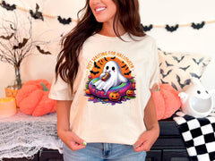 Just Waiting For Halloween T-Shirt - Halloween Lover Gift - Spooky Season Tee - Cute Ghost Shirt - Halloween Vibes Tee - Fall Ghost Coffee