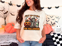 Just waiting for Halloween T-Shirt - Funny Skeleton Coffee Tee - Spooky Vibes Gift -  Halloween Party Shirt - Halloween Costume Shirt