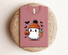 Halloween Ghost Tee - Spooky Season Gift - Ghost Tea Shirt - Pumpkin Ghost T-Shirt - Fall Beanie Ghost Shirt -  Halloween Gift Shirt