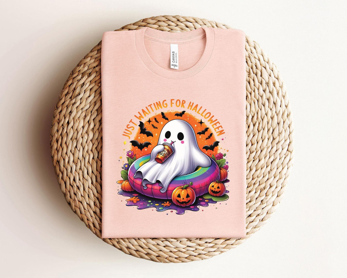 Just Waiting For Halloween T-Shirt - Halloween Lover Gift - Spooky Season Tee - Cute Ghost Shirt - Halloween Vibes Tee - Fall Ghost Coffee