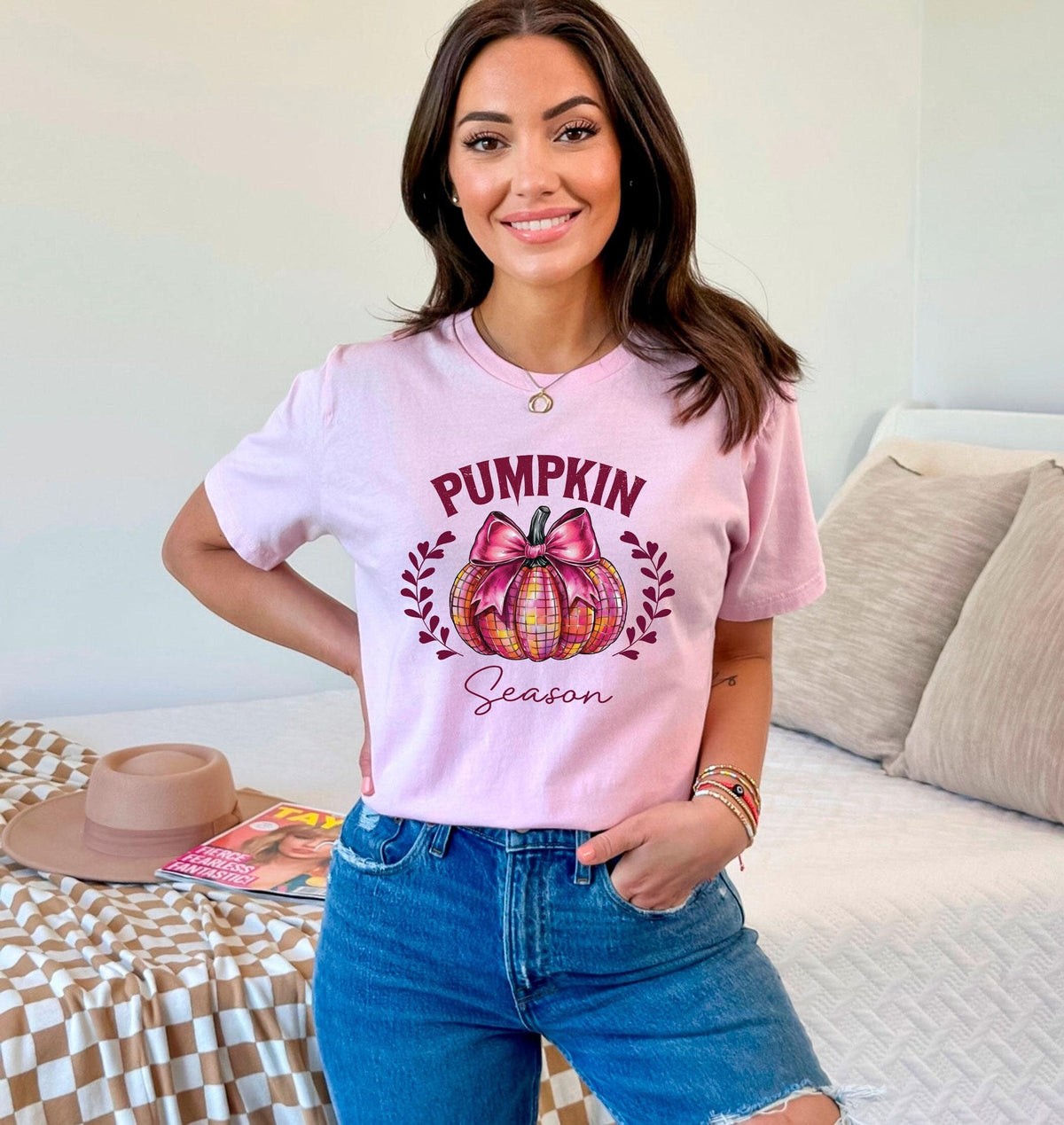 Retro Coquette T-Shirt - Bow Pumpkin Tee - Pumpkin Season Gift - Fall Vibes Shirt - Autumn Tee - Spooky Mama Gift - Thanksgiving Shirt