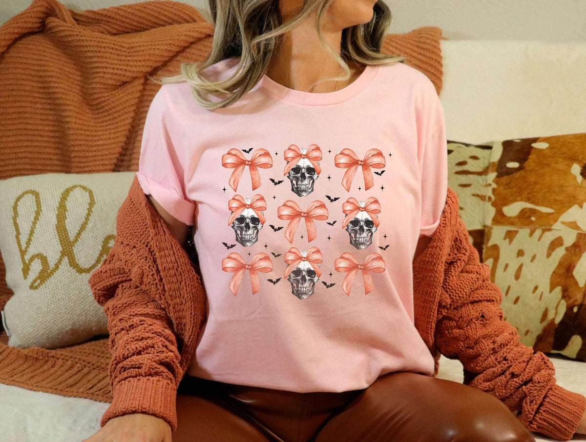 Halloween Coquette Skull T-Shirt -  Skeleton Coquette Bow Tee - Halloween Shirts - Retro Halloween Tee - Spooky Mama Shirt - Fall Skull Tee