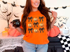 Pumpkin and Bow T-Shirt - Fall Pumpkin Tee - Halloween Gift - Spooky Pumpkin Shirt - Black Bow Fall Shirt - Jack-O-Lantern Shirt