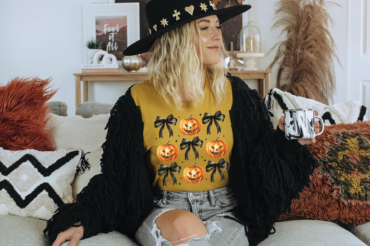 Pumpkin and Bow T-Shirt - Fall Pumpkin Tee - Halloween Gift - Spooky Pumpkin Shirt - Black Bow Fall Shirt - Jack-O-Lantern Shirt