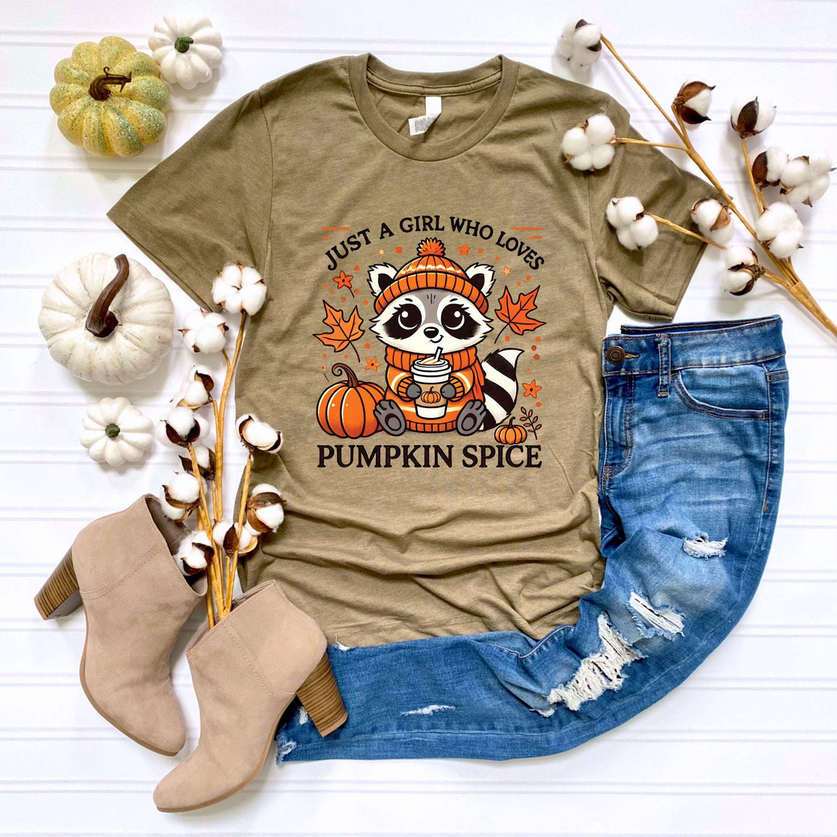 Just A Girl Who Loves Pumpkin Spice T-Shirt - Fall Tee - Coffee Lover Gift - Thanksgiving Shirt - Fall Vibes Tee - Autumn Raccoon Shirt
