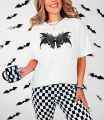 Gothic Bow T-Shirt - Halloween Bat Coquette Tee - Bats Lover Gift - Black Bow Shirt - Dark Shirt - Gothic Coquette Gift
