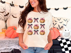 Fall Pumpkin Bow T-Shirt - Coquette Fall Tee - Halloween Gift - Polka Dot Pumpkin Shirt - Halloween Shirts - Girly Halloween Fall Shirts