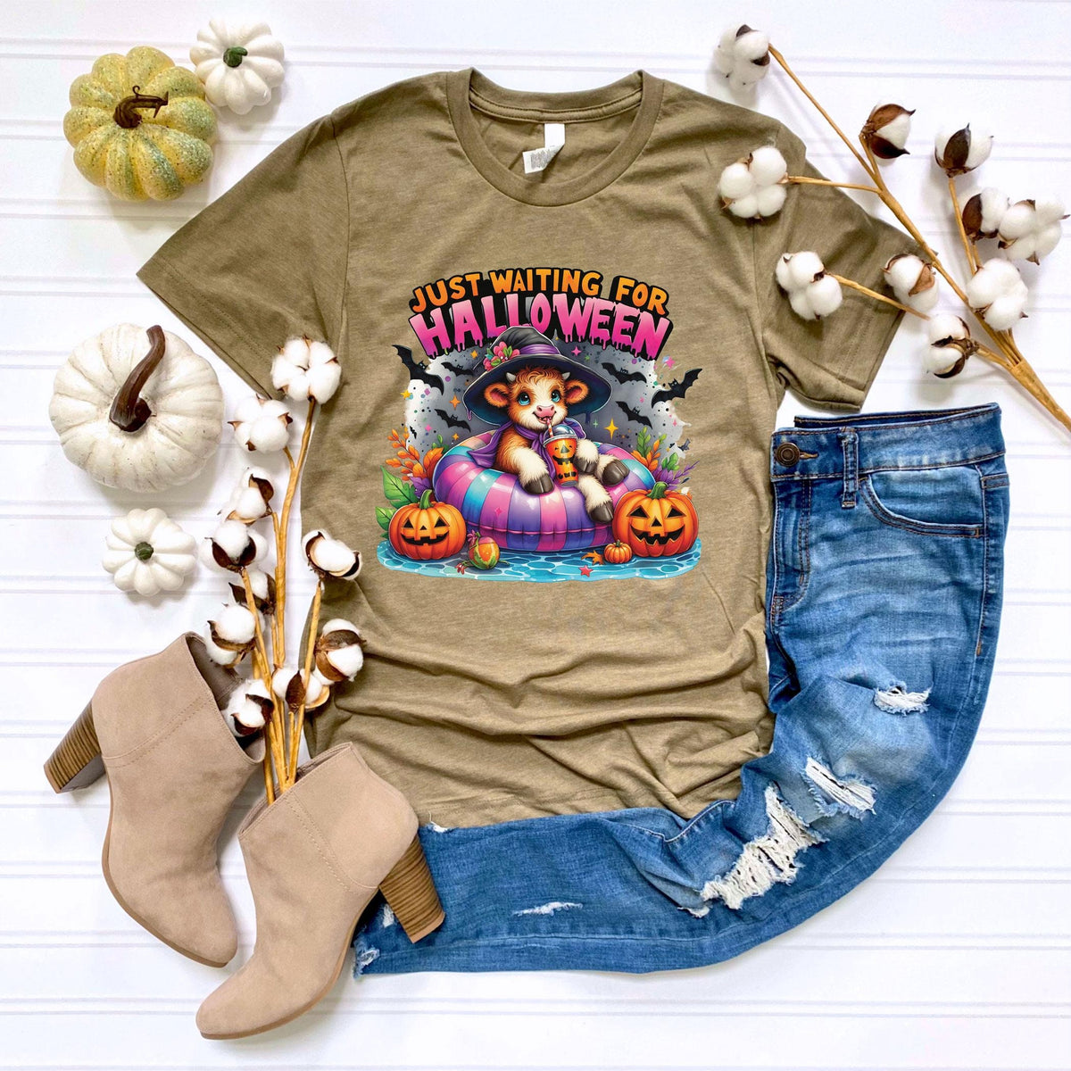 Just Waiting For Halloween T-Shirt - Highland Lover Gift - Spooky Cow Tee - Witchy Highland Cow Shirt - Halloween Vibes Tee