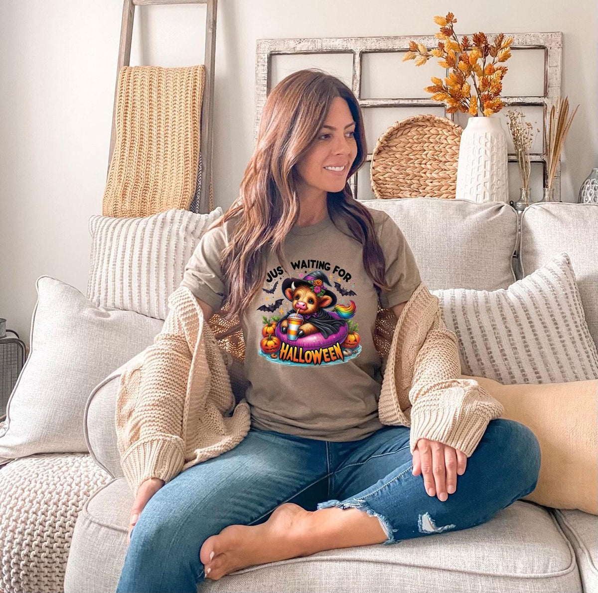 Just Waiting For Halloween T-Shirt - Highland Lover Gift - Spooky Season Tee - Ghost Cow Shirt - Halloween Vibes Tee - Fall Cow Witch Tee