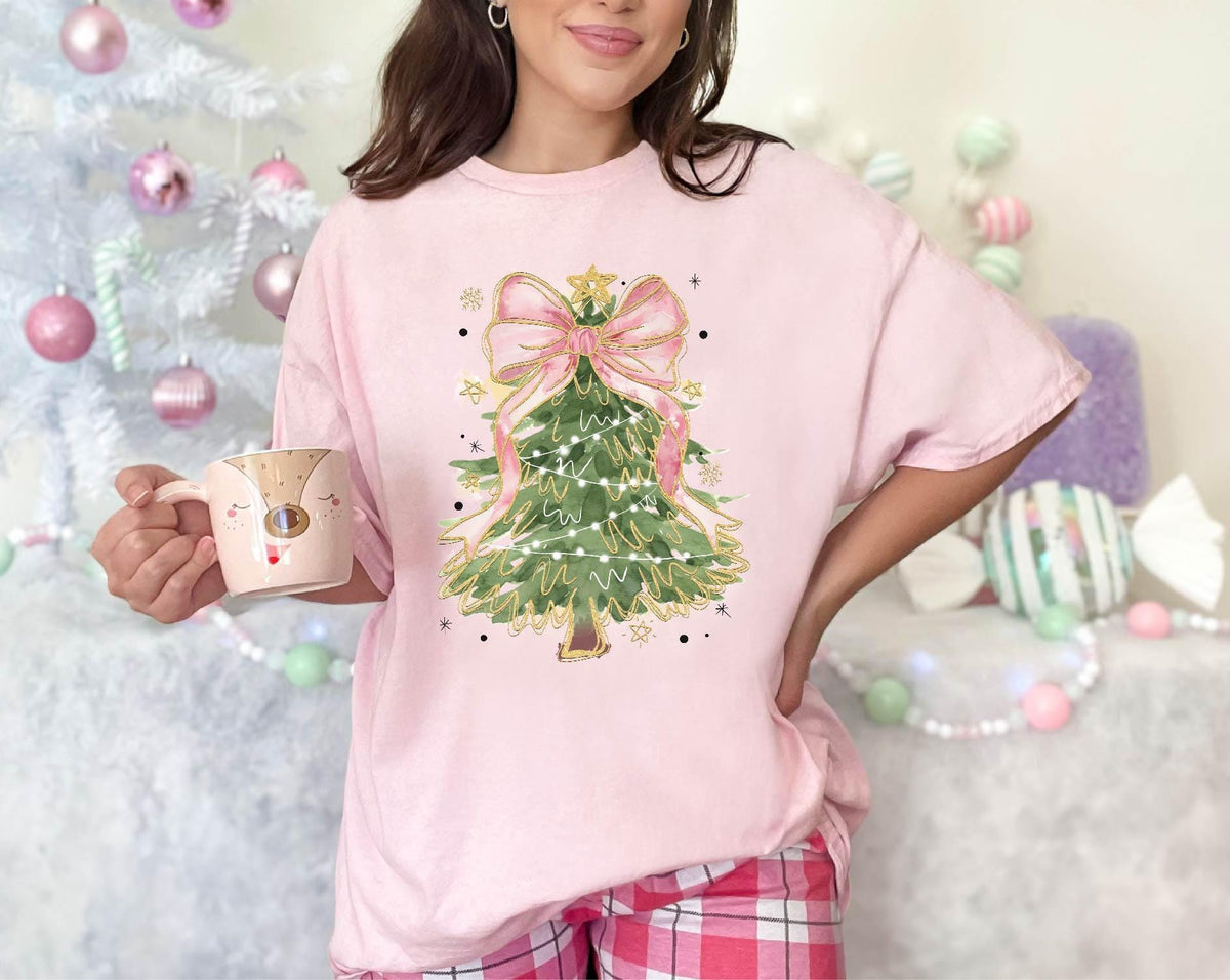 Coquette Christmas Shirt - Christmas Bow Tree T-Shirt -  Christmas Tree Shirt - Christmas Gift - Women Christmas T-Shirt - Pink Christmas