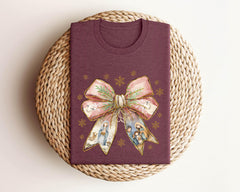 Nativity Christmas Bow Shirt - Christian Coquette Christmas Shirt - Nativity Scene Shirt - Coquette Christmas Gift - Women Christmas Shirt