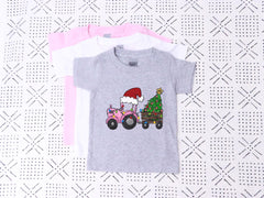 Christmas Tractor T-Shirt - Pink Tractor with Tree - Santa Tractor Bodysuit - Gift For Girl - Holiday Tractor Girls Shirt - Xmas Tree