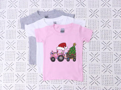 Christmas Tractor T-Shirt - Pink Tractor with Tree - Santa Tractor Bodysuit - Gift For Girl - Holiday Tractor Girls Shirt - Xmas Tree