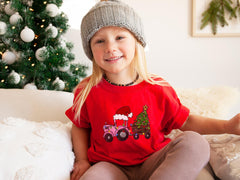Christmas Tractor T-Shirt - Pink Tractor with Tree - Santa Tractor Bodysuit - Gift For Girl - Holiday Tractor Girls Shirt - Xmas Tree