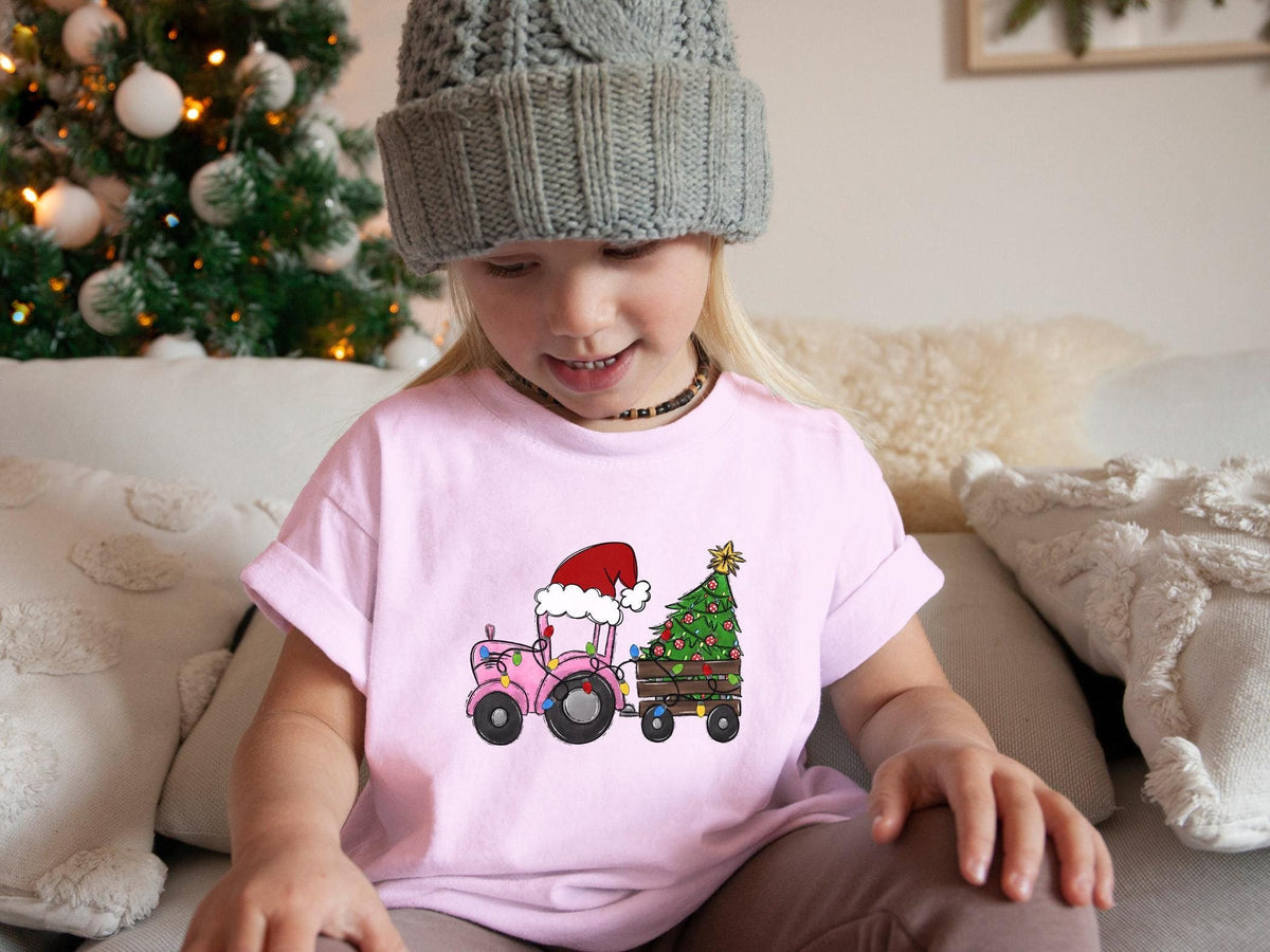 Christmas Tractor T-Shirt - Pink Tractor with Tree - Santa Tractor Bodysuit - Gift For Girl - Holiday Tractor Girls Shirt - Xmas Tree