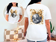 Happy New Year Shirt - Glitter Gold Bow T-Shirt - Disco ball Tee -  Party Vibes Gift - Family Matching Shirt -  New Year’s Eve Gift