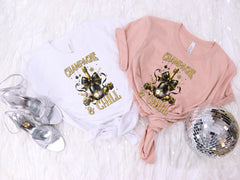 Champagne & Chill T-Shirt - New Year Drinks Tee - Coquette Bow Shirt - Happy New Year Gift - Goodbye 2024 - 2025 Celebration