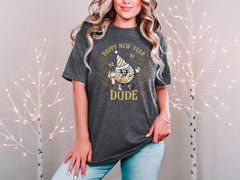 Happy New Year Dude - Funny Party T-Shirt - Disco Ball Tee - Coquette Bow Shirt - Retro Coquette Pink  - Goodbye 2025 - 2026 Celebration