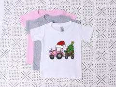 Christmas Tractor T-Shirt - Pink Tractor with Tree - Santa Tractor Bodysuit - Gift For Girl - Holiday Tractor Girls Shirt - Xmas Tree