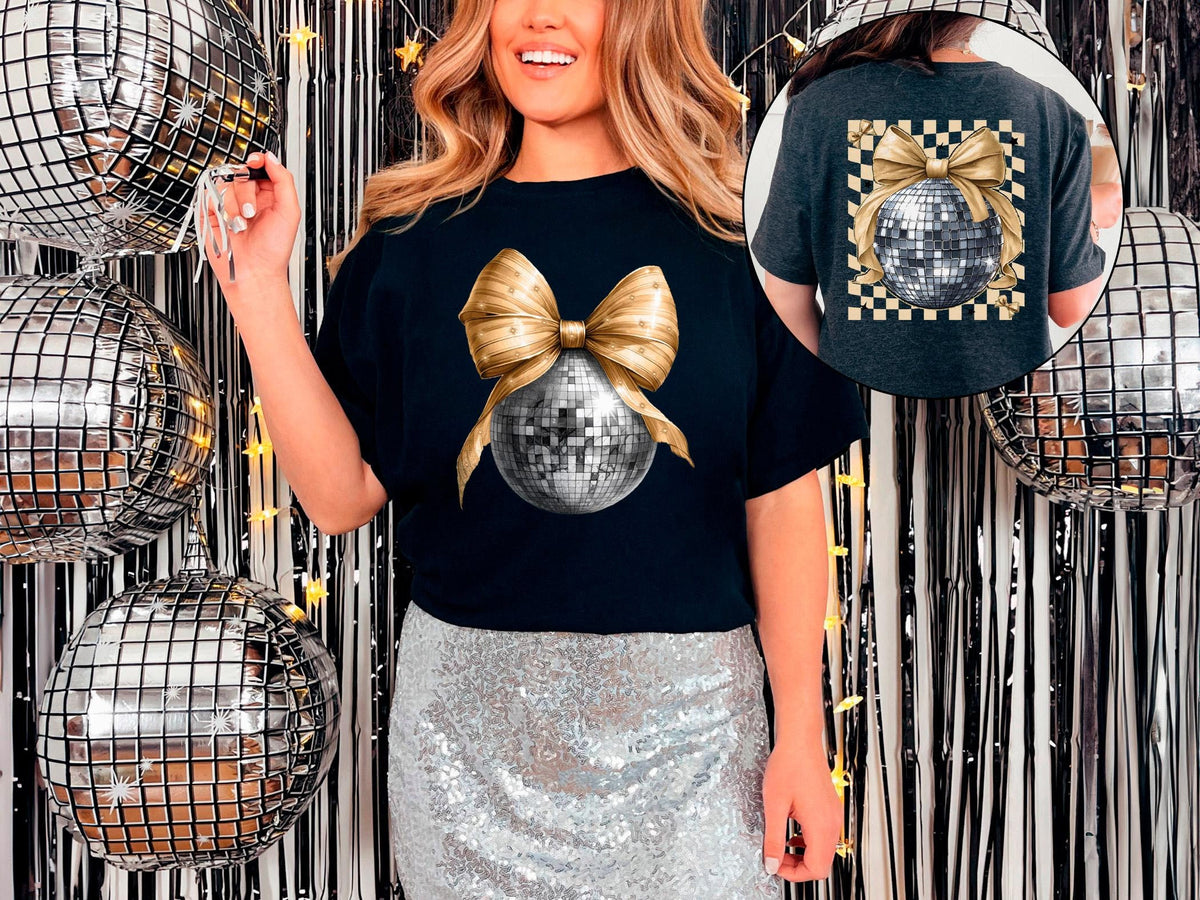 Happy New Year Shirt - Glitter Gold Bow T-Shirt - Disco ball Tee -  Party Vibes Gift - Family Matching Shirt -  New Year’s Eve Gift