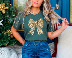 Gold Bow T-Shirt - Coquette Happy New Year - Christmas Party Tee - Glitter Bow Shirt - Goodbye 2025 - 2026 Celebration - Festive 2026 Shirt
