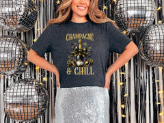 Champagne & Chill T-Shirt - New Year Drinks Tee - Coquette Bow Shirt - Happy New Year Gift - Goodbye 2024 - 2025 Celebration