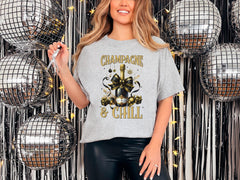 Champagne & Chill T-Shirt - New Year Drinks Tee - Coquette Bow Shirt - Happy New Year Gift - Goodbye 2024 - 2025 Celebration