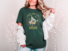 Happy New Year Dude - Funny Party T-Shirt - Disco Ball Tee - Coquette Bow Shirt - Retro Coquette Pink  - Goodbye 2025 - 2026 Celebration