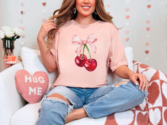 Coquette Bow T-Shirt -  Cherry and Bow Tee - Valentines Day Gift - Pink Bow Shirt - Cute Ribbon Tee - Coquette Valentines - Cherry Coquette