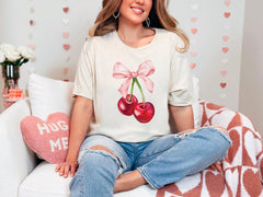 Coquette Bow T-Shirt -  Cherry and Bow Tee - Valentines Day Gift - Pink Bow Shirt - Cute Ribbon Tee - Coquette Valentines - Cherry Coquette