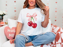 Coquette Bow T-Shirt -  Cherry and Bow Tee - Valentines Day Gift - Pink Bow Shirt - Cute Ribbon Tee - Coquette Valentines - Cherry Coquette