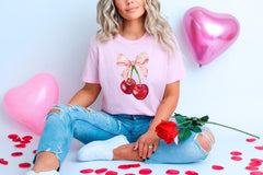 Coquette Bow T-Shirt -  Cherry and Bow Tee - Valentines Day Gift - Pink Bow Shirt - Cute Ribbon Tee - Coquette Valentines - Cherry Coquette