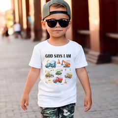 God Says I Am Toddler Shirt - Construction Kids Tee - Bible Verse Youth Shirt - Christian Kids Shirt - Truck Youth Shirt - Easter Kids
