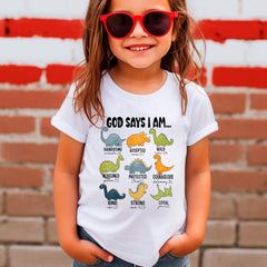 God Says I Am Toddler Shirt - Dinosaurs Kids Tee - Bible Verse Youth Shirt - Christian Kids Shirt - Truck Youth Shirt - Easter Kids